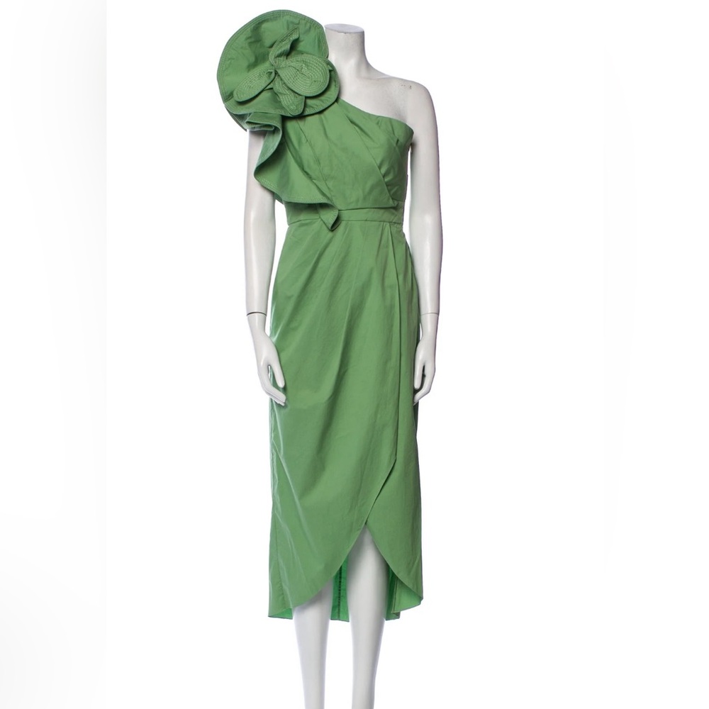 Johanna Ortiz One-Shoulder Green Midi Dress with Oversized Floral Applique